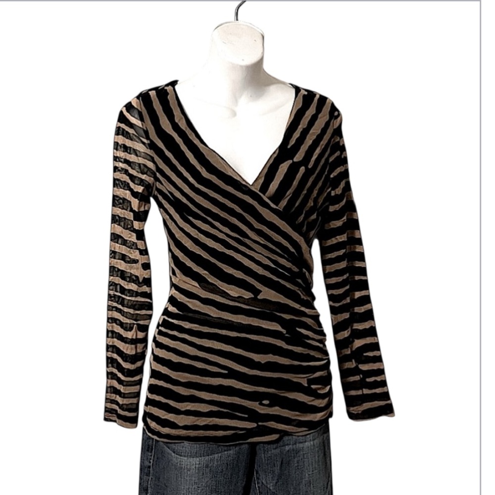 INC International Tan Black Tiger Zebra Print Sheer Mesh Long Sleeve Wrap Top